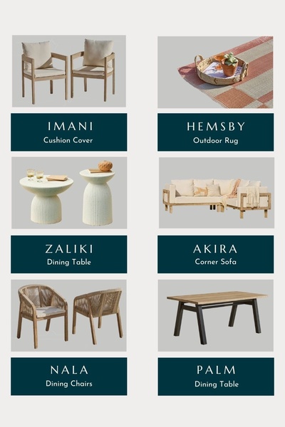 outdoor furniture, patio furniture, garden furniture, outdoor dining set, patio seating, outdoor sofa, new arrival, brand awareness, minimalist, editorial, calm, trustworthy, neutral, green, brown